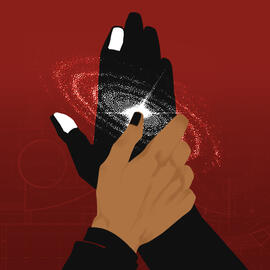 Icon Gloved Touch: A Stobotnik Zine Two hands touching, one dark with white controlpads and one light brown, with a sparkling galaxy swirl between them on a red background